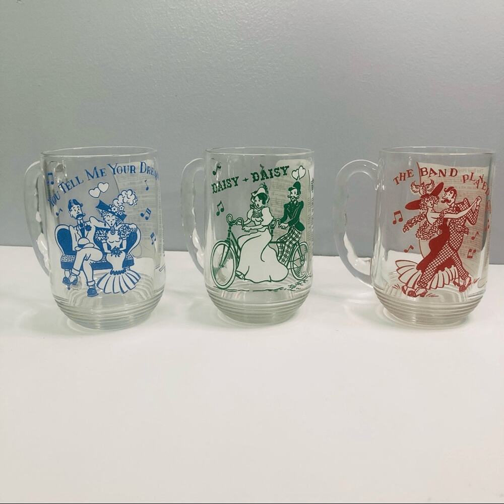 vintage hazel atlas old time music Graphic beer‎ mugs 5 inch blue green red 50s